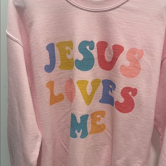 Gildan Pink Kids Hoodie with Multicolor 'Jesus Loves Me' Design - Picture 1 of 4